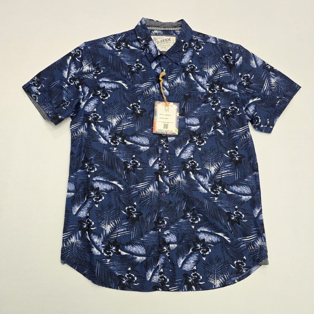 MBX Denim Wear Mens Large Navy Blue Tropical Floral Palm Button Down SlimFit NWT